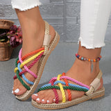 Pbong  Women Rainbow Color Braided Rope Flat Heel Sandals Outdoor Casual Slip On Slides Sandals Woman Plus Size 43 Beach Vacation Shoes