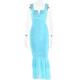 Pbong  Strap Fishtail Hem Long Dresses Sexy Bag Hip Backless Hottie Dress Summer Pleated V-Neck Chic Design Stretch Bodycon Dress Women