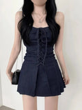 Pbong  Retro Design Chic Summer Short Denim Dress Women's Waist Cinching Strapless Dress Casual Style No Brand Registered Trademark