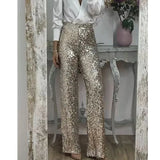 Pbong  Shiny Sequin Flared Pants Slim Fit Party Elastic Multicolor Casual Style Women's Comfortable Spring Summer New Arrival
