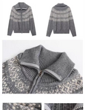 Fair Isle Zip Up Sweater Cardigan for Women Collared Zipper Front Knitted Jacket Autumn Winter Teen-girl Vintage Outfit