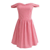 Pbong  Holiday Plaid Print Off Shoulder Mini Dress Retro Women Short Sleeve Low Waist Ruched Hem Ball Gown Swing Mini Robe Party