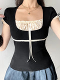 Sweet Y2K Contrast Lace Patchwork Square Collar Black T-Shirt Women Short Sleeve Basic Balletcore Cute Summer Tops