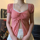 Pbong  Casual Cute plaid Short Bubble Sleeve T-shirt Women's Summer T-shirt New Fashion Lace V-neck Lace up Sexy Split Tops Woman