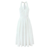 White Deep V-back Hanging Neck Sexy Long Dress High Waist Vacation Beach Summer Dress Fashion Solid Color A-line Party Dress