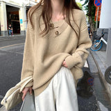 V-neck Knit Pullover Women Slouchy Long Sleeve Drop Shoulder Sweater with Buttoned Strap Cozy Knitwear Autumn Winter Chic Outfit