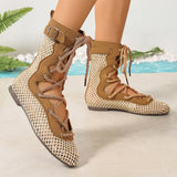 Pbong  Korean-Style Lace-Up Hollow-Out Shoes for Women, Summer New Breathable Sandals, Beach Ballet Flats, Woven Mesh Mid-Calf Boots