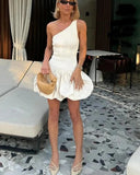Knit One Shoulder Mini Dress Women Casual Slim White Sleeveless Female Dresses Spring Summer Elegant Chic Fold Lady Vestido