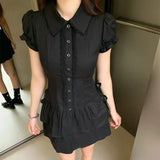 Y2k Vintage Black Lace Shirt Dress for Women Slim Waist All-match Dresses Summer New Short Sleeve Vestidos De Mujer
