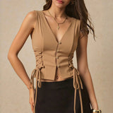 Vests Spring Summer French  Skinny Fit Single Breasted Lace-Up Sleeveless V-Neck Fashion Vests For Women