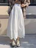 Embroidered Hollow Lace Spliced White Long Skirt 2025 Spring Summer New Elastic Waist Cotton A-line Vacation Beach Boho Skirt