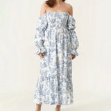 Pbong  Woman Vintage Floral Dress Puff Long Sleeve Off Shoulder Ruffle Long Dress Spring Fall Casual Vintage Bohemian Dresses