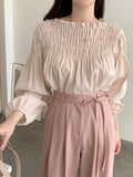 Pbong  Pink Blouse for Women Slash Neck Loose Pleated Shirts All Match Fashion Sweet Vintage Blouses Autumn Tops