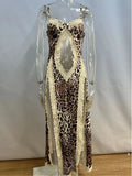 Leopard Print Beach Sexy Maxi Dress Women Gown Summer Patchwork Hollow Out Off-shoulder Split Club Long Dress Elegant