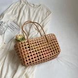 Small Solid Color Weave Tote Bags for Women Fashion Summer Shoulder Bags Simple Handbags Hollow Out Beach Bag
