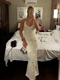 White Flowers Long Knit Slip Dress Chic Elegant Backless Lace-up Slim Fit Maxi Gown Spring Female Vacation Beach Party Robe