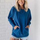 Pbong  Sweatshirt Ladies Clothes Round Neck Autumn Winter New Pullover Women's Pocket Rib Decoration Long Sleeve New