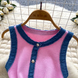 Pbong  Chic Fashion Sexy Package Hips Knitted Mini Dress Summer Vintage Denim Patchwork Ruffled Party Dress Streetwear