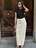 Beige Solid Color Color Straight Long Skirt Spring Summer Slit Chic Women Skirt High Waist Button Casual Women Clothing New