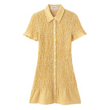 Yellow Plaid Mini Dress Single Breasted Slim Short Dresses For Women 2025 New Turndown Collar Short Sleeve Casual Dress Summer