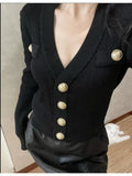 Gold Button Front Knit Cardigan Women Long Sleeve Crop Sweater Jacket Fitted Top Teen-girl Fall Winter Vintage 90s Outfit