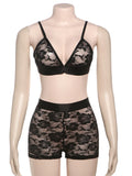 Sexy 2 Piece Set Women Mesh Jacquard Patchwork Low-Neck Backless Crop Tops+Skinny Shorts Midnight Club Party Outfits