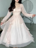 Women Elegant Solid Ruffles Fairy Dresses Korean Fashion Slim Wasit A Line Midi Dress Autumn Princess Party Vestidos New