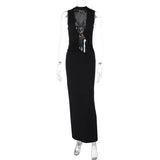 Hollow Out Halter Sexy Maxi Dress Women Summer New Metal Decoration Sleeveless Slim High Waist Long Dress Elegant