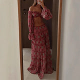 Pbong  Sexy Casual Floral Print Shoulder Bared Short Top Long Skirt Set Women's Cross-Border Clothing Polyester Fiber Floor-Length