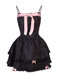 Pbong  Korean Fashion Sweet Elegant Dress Women Slim Pink Diamond Bow Tight Waist A-Line Puffy Skirt Casual Chic Feminine Party Outfit