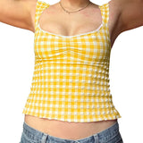 y2k Tops for Women Summer Fairycore Clothing Plaid Print Lace Trim Sleeveless Tanks T Shirts 2000s Clothing Streetwear