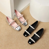 Pbong  PU Leather Bow Tie Shoes Women Black Flats Mary Janes Shoes Ladies Elegant Square Toe Spring Autumn Silver Loafers New