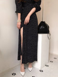 Pbong  Maxi Dresses for Women V-neck Elegant Vestidos Feminino Bandage Slim Waist Robe Puff Sleeve Vintage Korean Chic Dot Dress