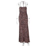 Leopard Print Backless Sexy Maxi Dress For Women Gown Halter Off-shoulder Sleeveless Bodycon Beach Long Dress Vestido