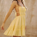 Pbong  Women's Summer Tie-up Backless Dress Casual Solid Color Sleeveless Beach Club Streetwear Ruffle Swing A-Line Sundress