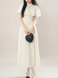 Pbong  Fashion Elegant Bow Long Dress Women Summer France Sweet Lace Up Lolita Dresses Female New Design Chic Cape Retro Pretty Outfits