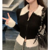 Y2K Zipper Front Rib Knit Top for Women Contrast Fuzzy Collared Zip-Up Sweater Crop Cardigan Autumn Winter Teen-girl 90s Outfit