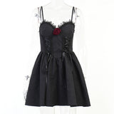 Goth Dark Tie Up Mall Gothic Elegant Women Dresses Grunge Aesthetic Jacquard A-Line Dress Emo Lace Trim Black Party Alt Clothes