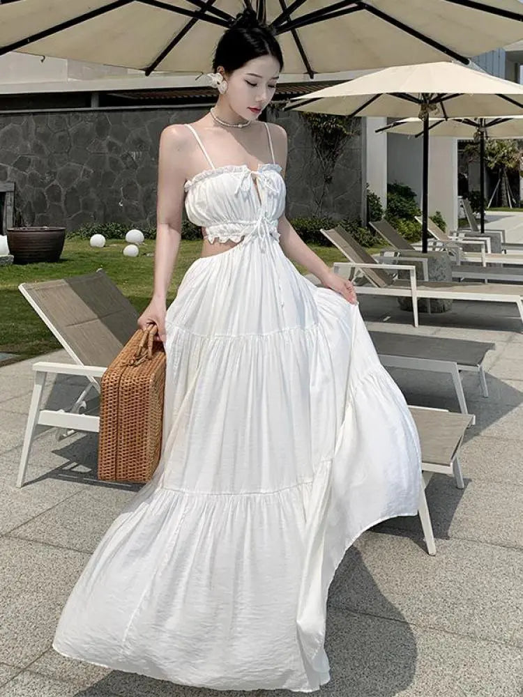 Women Beach Holiday White Dress Summer Backless Hollow Out Lace Up Ban – Pbong
