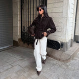 Elegant Women's Belt Suede Jackets Lace Up Lapel One Button Long Sleeve Coat 2025 Autumn Lady Vintage Loose Street Outwearrs