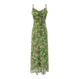 Green Pink Floral Print Women Dress For Summer 2025 New V-neck Chiffon Long Dresses Fashion High Waist Vacation Beach Vestidos