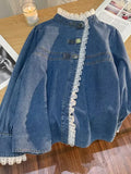 Fashion Lace Denim Shirt Women Clothing Autumn/Winter Retro Loose Casual Jackets Ruffled Collar Long Sleeve Blouses Women Tops