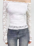 Sexy Lace Off shoulder Top Women Stretch Full Lace Lined Basic Long sleeve T-shirt Lady Slim Hollow out Mesh Blouse Feamle Tee