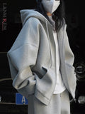 Solid Hooded Cardigan Sweatshirt For Women Drawstring Zipper Long Sleeve Loose Jackets 2024 Spring New