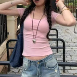 Solid Color Soft Basic Top for Women Summer Skinny Sexy T-shirt U Collar Shirt  Short Sleeve Top for Hot Girl
