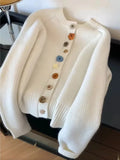 Korean Chic Buttons Cardigan Women O Neck Vintage Casual Fall Knitted Sweater Lazy Wind Simple Long Sleeve Loose Cute Coats Tops