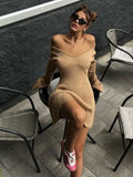 V-neck Long Sleeved Sexy Short Dress Knitted Autumn Winter Solid Color A-line Backless Pleated Women Dresses Fall Fashion