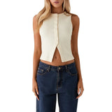 Women Tank Tops y2k Clothing Summer Solid Color Round Neck Sleeveless Button Down T Shirts Vest 2000s Aesthetic Clothes