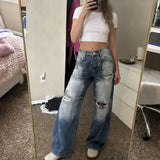 Pbong  y2k Women Jeans Fashion Clothing High Waist Hole Ripped Wide Leg Loose Trousers with Pockets 2000s Clothes Streetwear