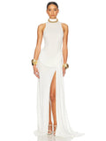Summer Split Maxi Tank Dress Women Gown Fashion Solid Elegant High Waist Ruched Slim Evening Club Party Long Dress